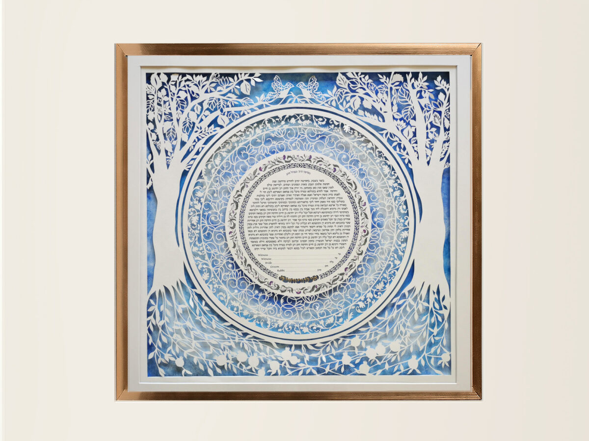 Eden ketubah papercut with trees and circular floral patterns surrounding the Hebrew marriage text