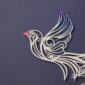Hand Cut Paper Art bird and Jewish man with Shofar detail by Noa Attias