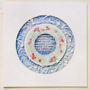 Flower home blessing papercut with floral wreath and blue watercolor background