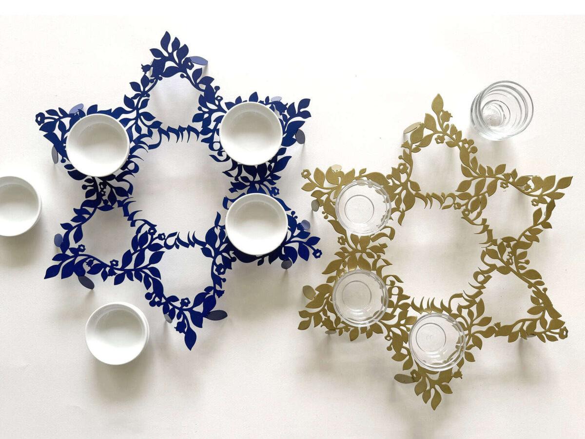 Passover Star of David Seder Plate with gold and blue botanical metal cut design