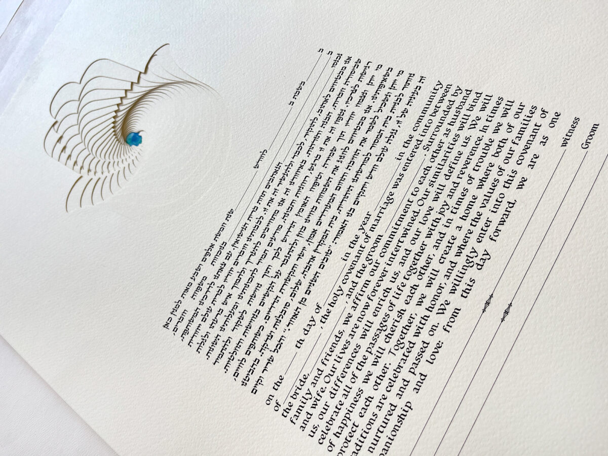 Hamsa Ketubah multilayered papercut design Blue watercolor detail by Noa Attias