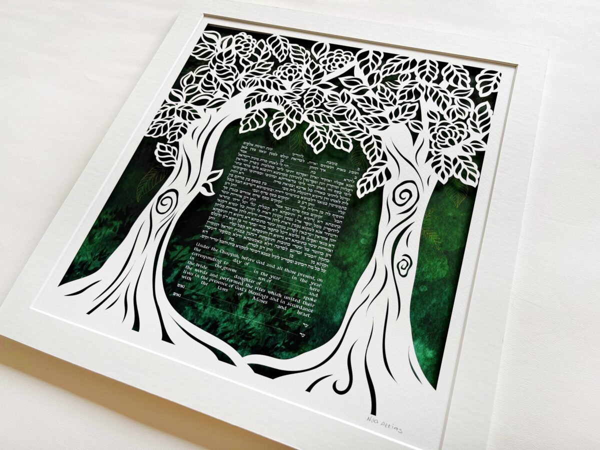 Tree of Life Ketubah design papercut watercolor background by Noa Attias