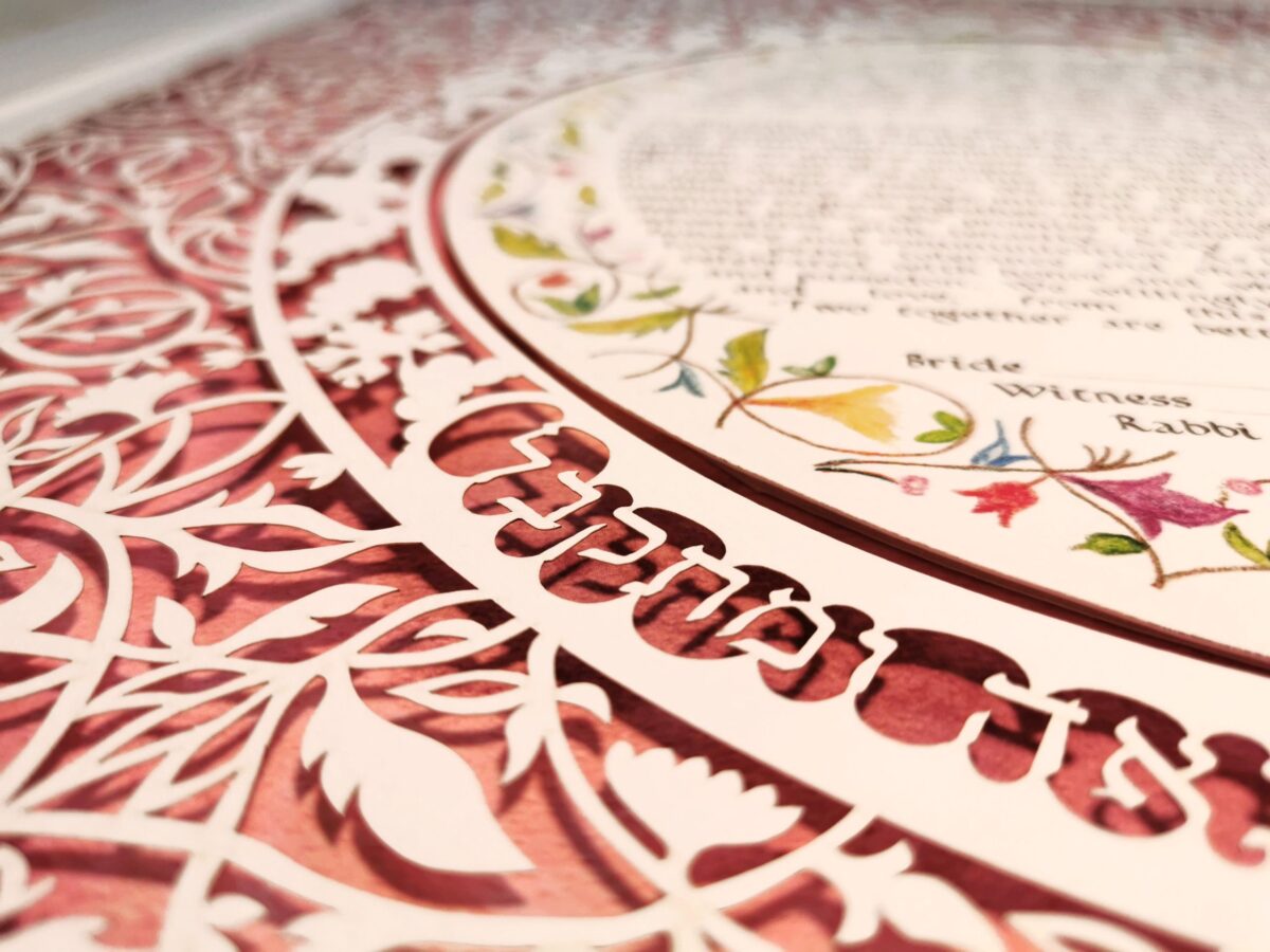 Gefen watercolor background Ketubah detail