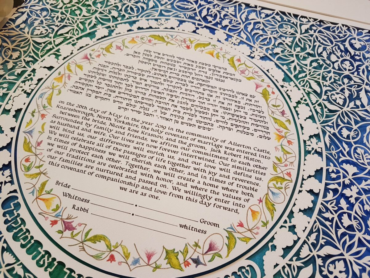 Gefen watercolor background Ketubah detail