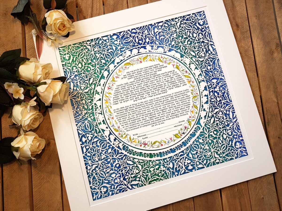 Gefen watercolor background Ketubah detail