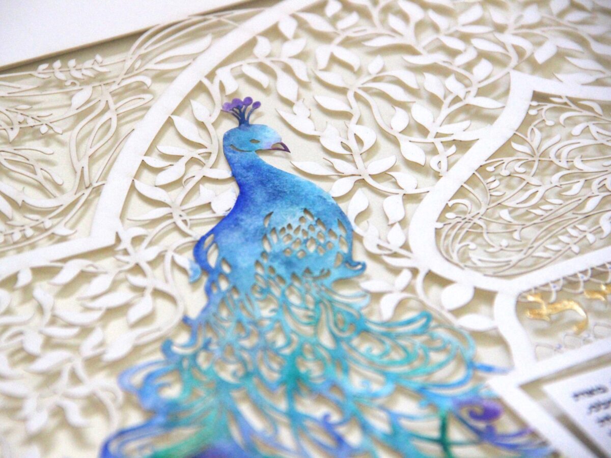 Unique hand painted Peacock Ketubah design detail