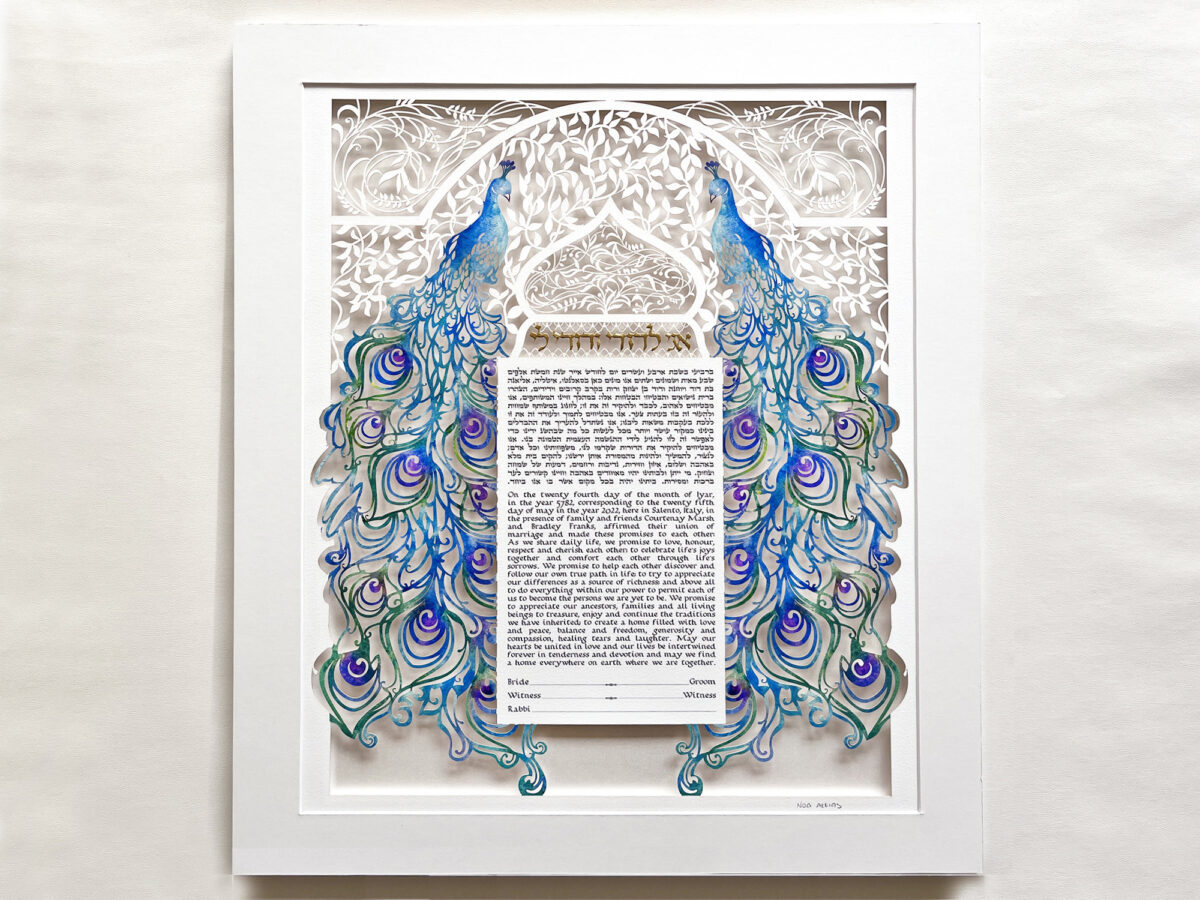 Unique hand painted Peacock Ketubah design