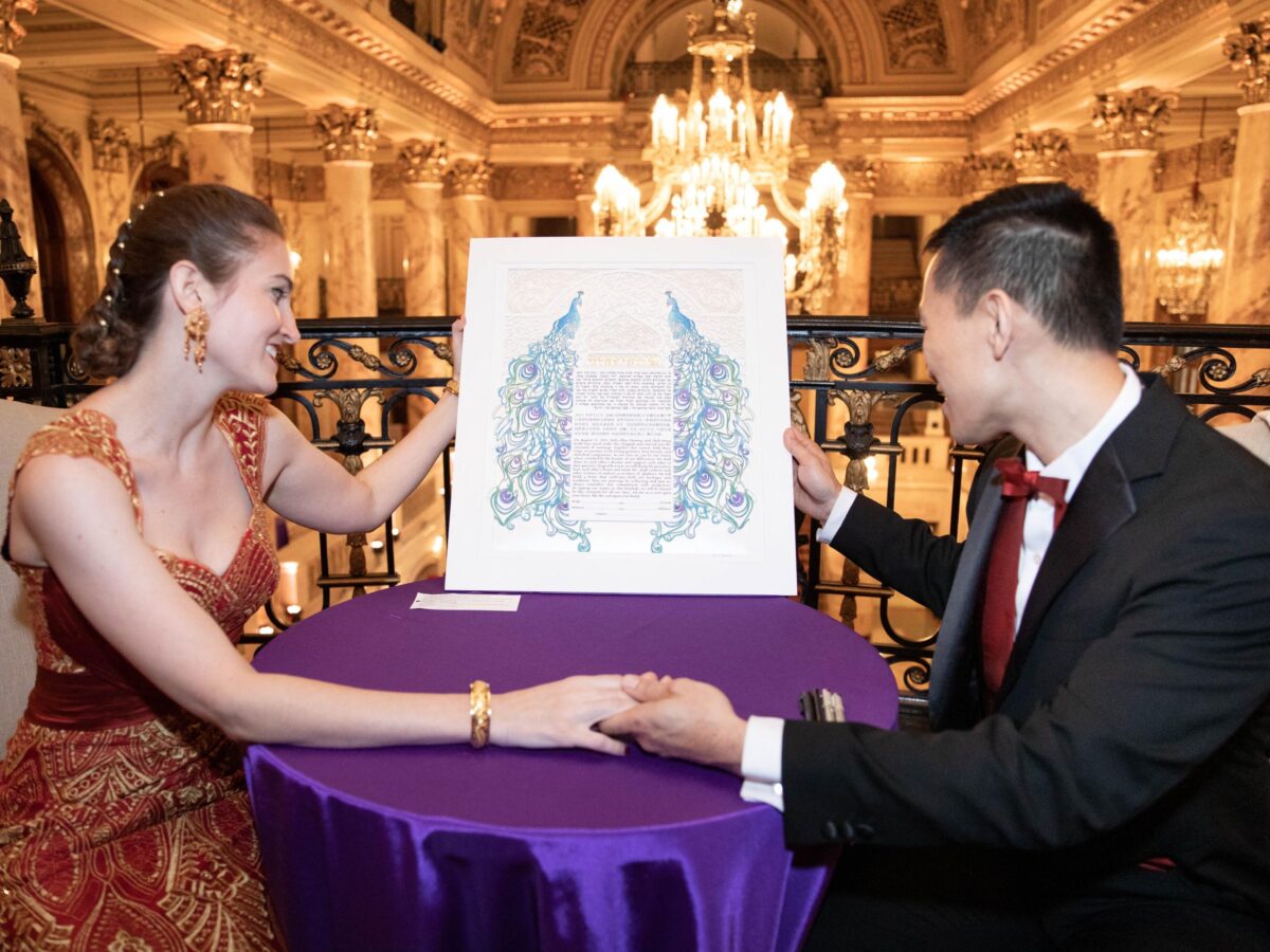 Unique hand painted Peacock Ketubah design