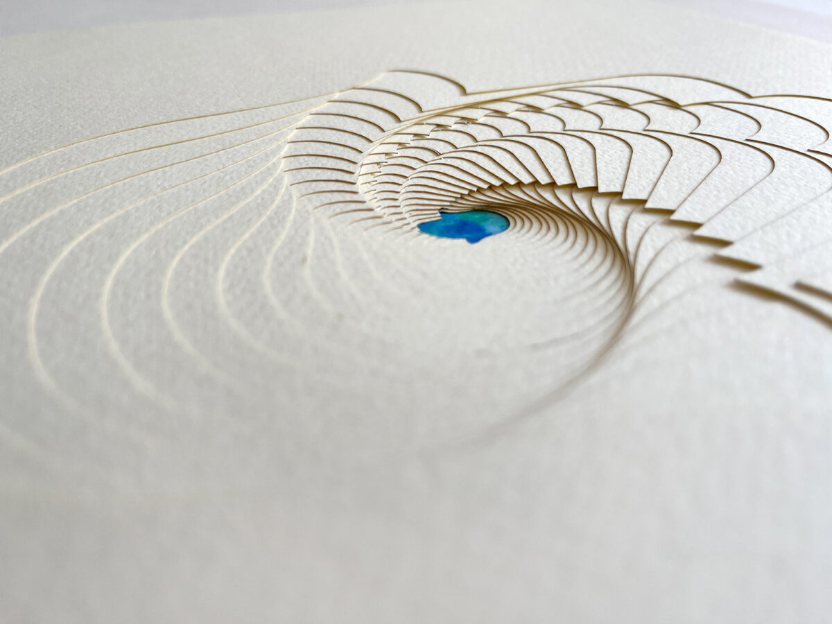 Hamsa Ketubah multilayered papercut design Blue watercolor detail by Noa Attias
