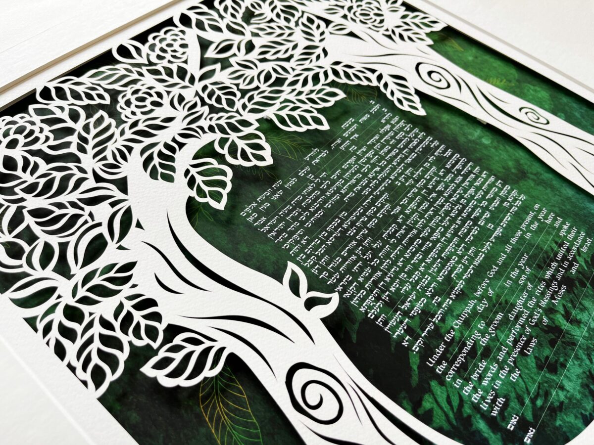 Tree of Life Ketubah design papercut watercolor background Hand cut detail by Noa Attias