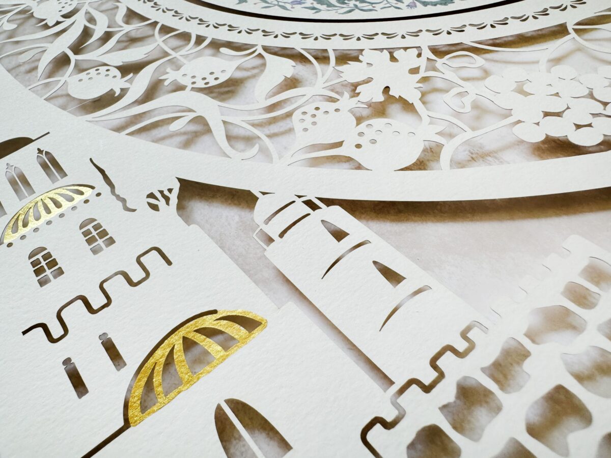 Jerusalem Pomegranates Ketubah papercut with Jerusalem skyline and pomegranate motifs