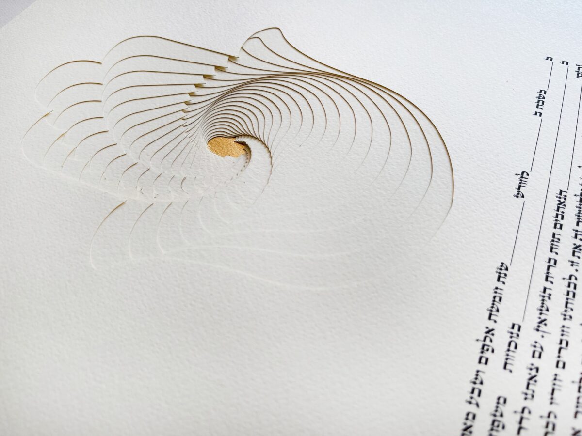 Hamsa Ketubah multilayered papercut design gold paint detail by Noa Attias