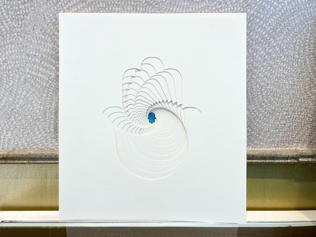 Hamsa Ketubah multilayered papercut design Blue watercolor detail by Noa Attias