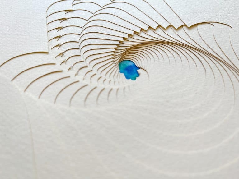 Hamsa Ketubah multilayered papercut design Blue watercolor detail by Noa Attias