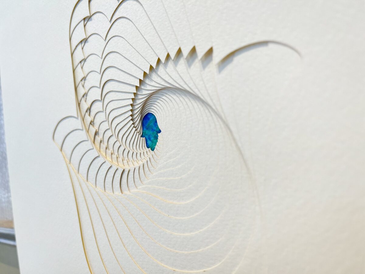 Hamsa Ketubah multilayered papercut design Blue watercolor detail by Noa Attias