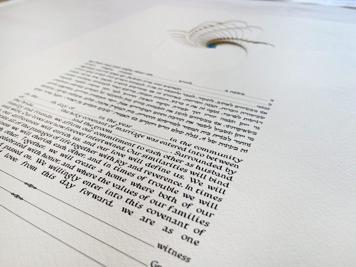 Hamsa Ketubah multilayered papercut design Blue watercolor detail by Noa Attias
