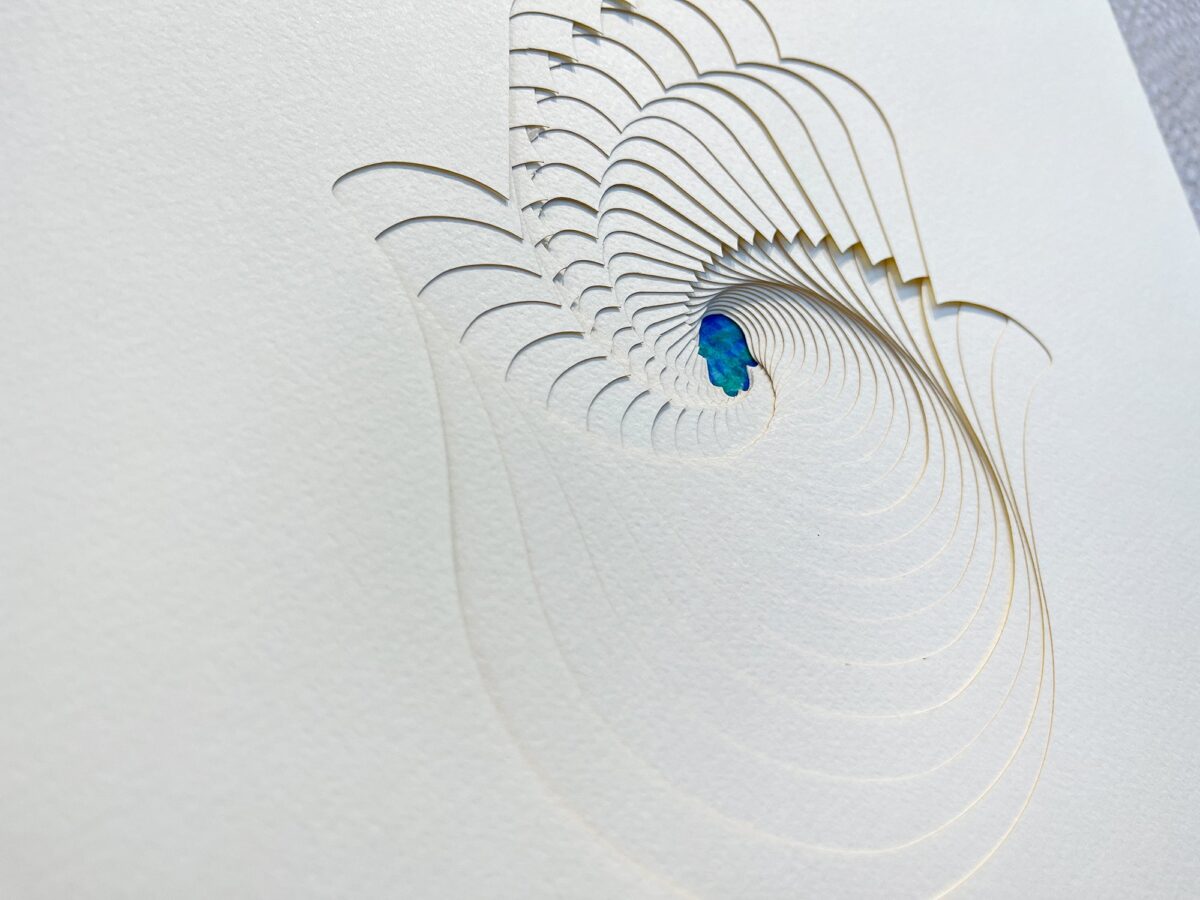 Hamsa Ketubah multilayered papercut design Blue watercolor detail by Noa Attias