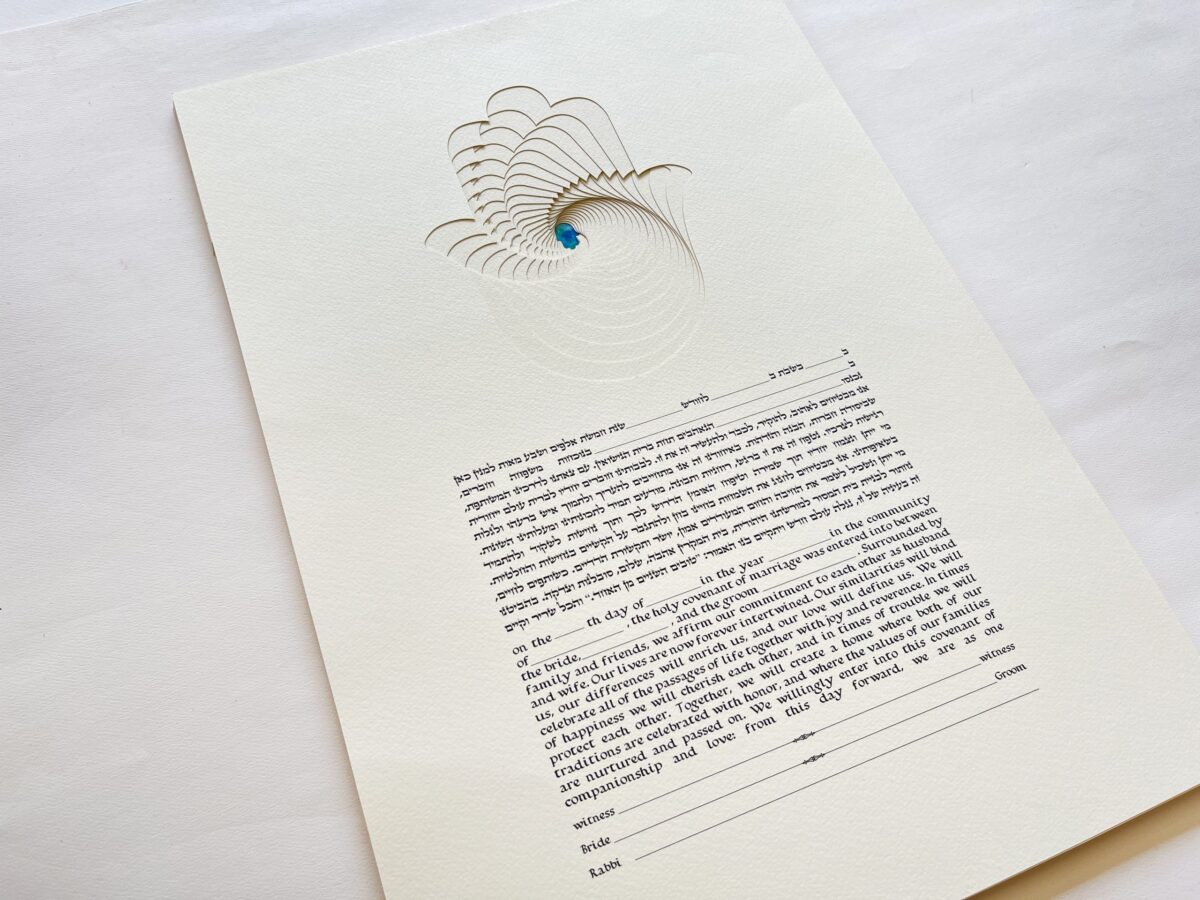 Hamsa Ketubah multilayered papercut design Blue watercolor detail by Noa Attias