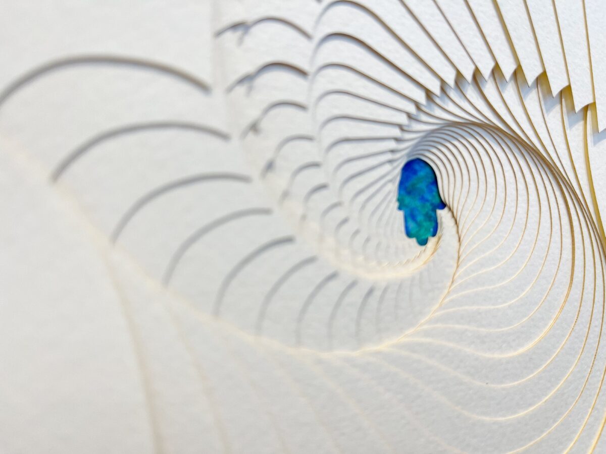 Hamsa Ketubah multilayered papercut design Blue watercolor detail by Noa Attias