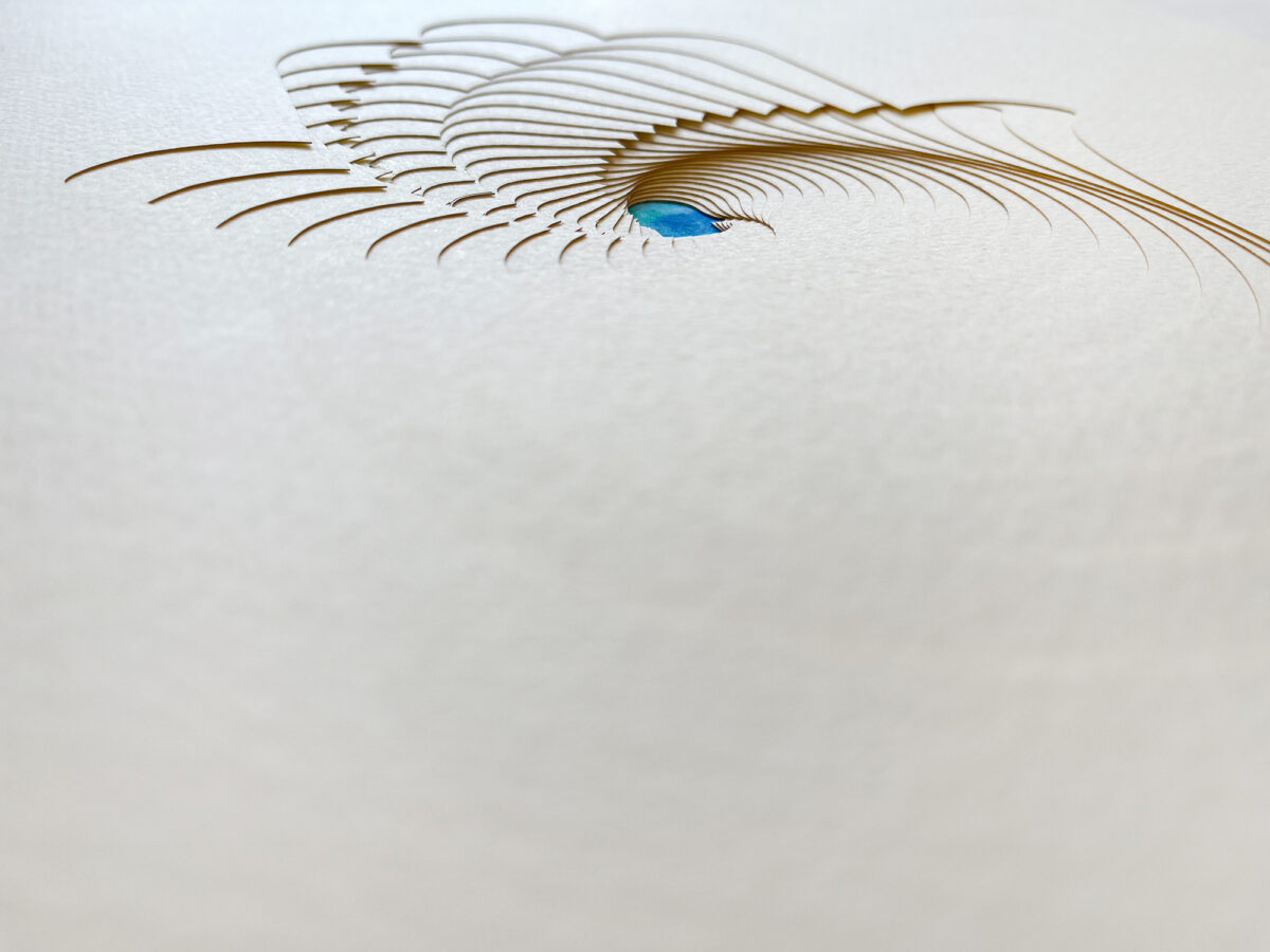 Hamsa Ketubah multilayered papercut design Blue watercolor detail by Noa Attias