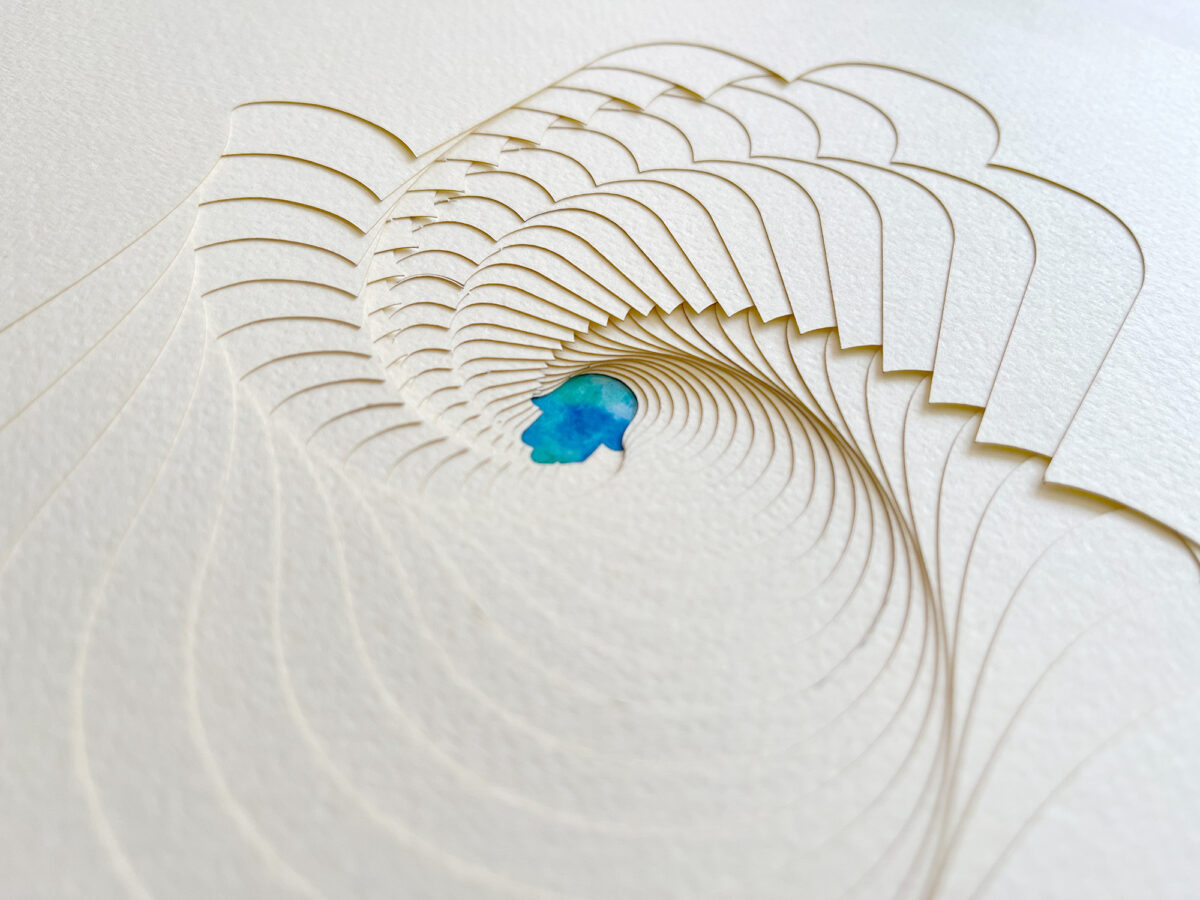 Hamsa Ketubah multilayered papercut design Blue watercolor detail by Noa Attias