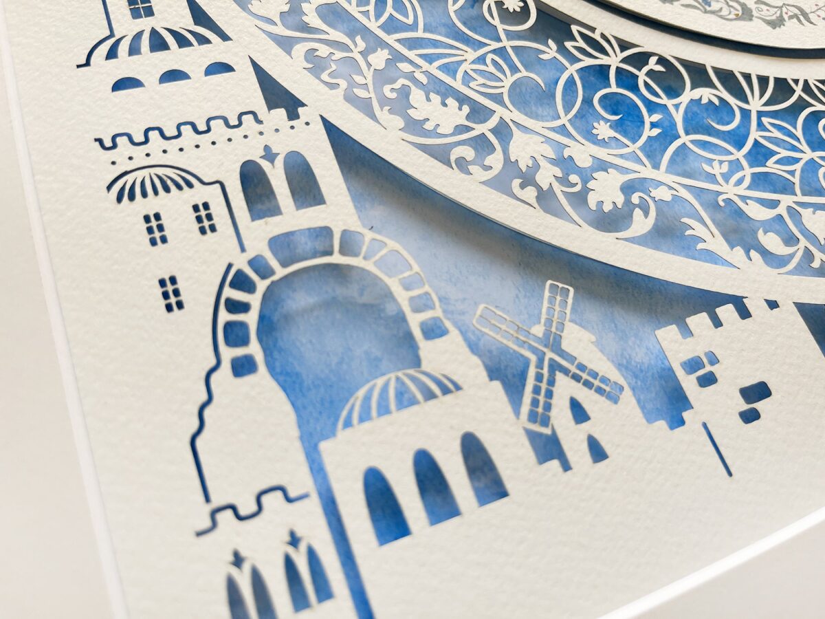 Golden Glory Jerusalem Woman of Valor papercut design watercolor background by Noa Attias