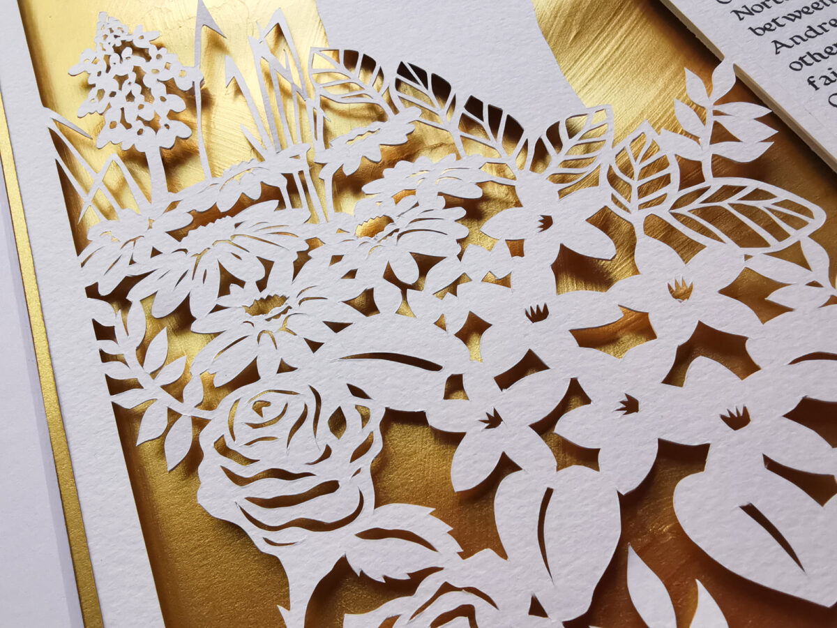 Secret garden hand cut customized ketubah paper art detail