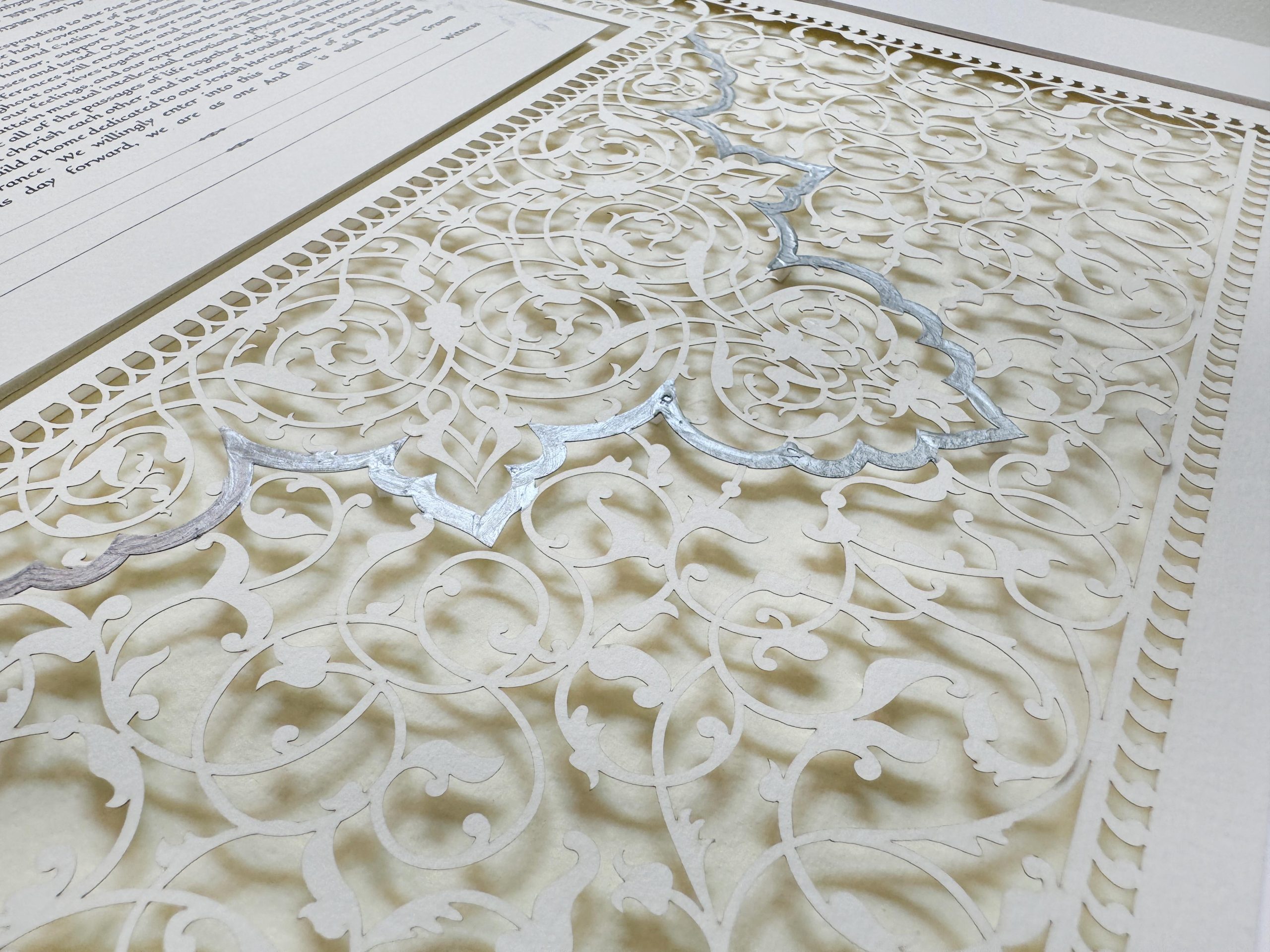 One of a kind Bridal Ketubah design silver paint detail