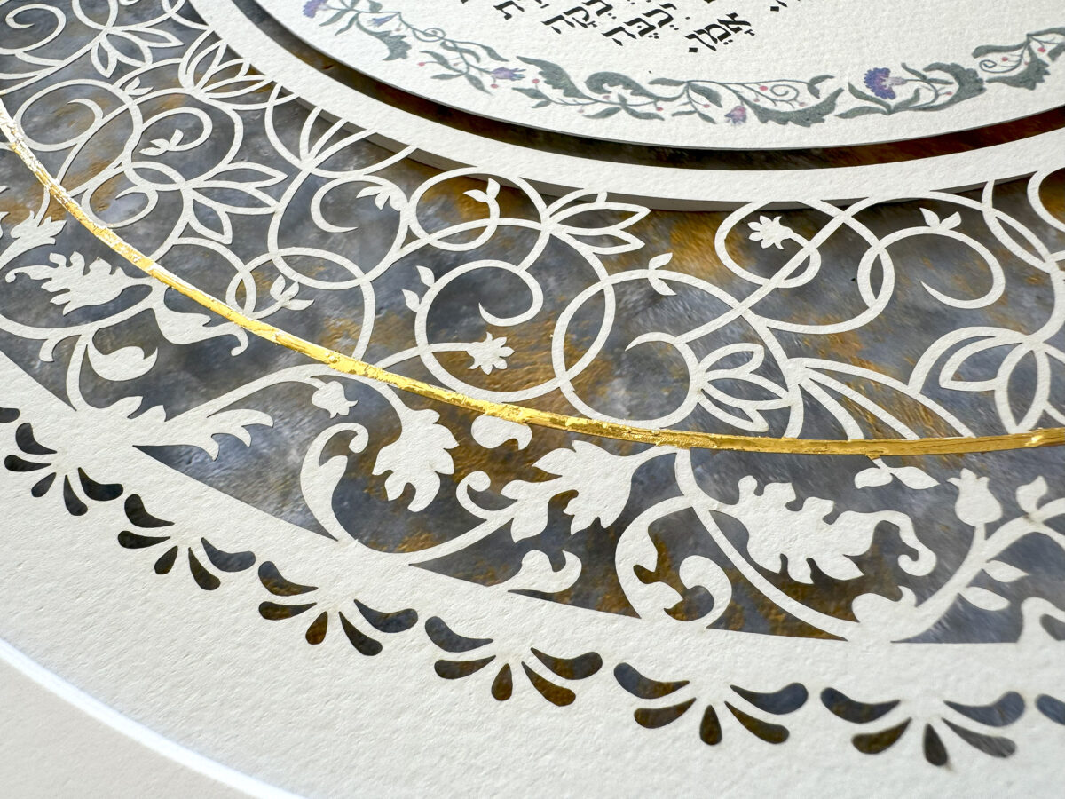 Jewish candle lighting blessing swirls papercut design gold and silver background option