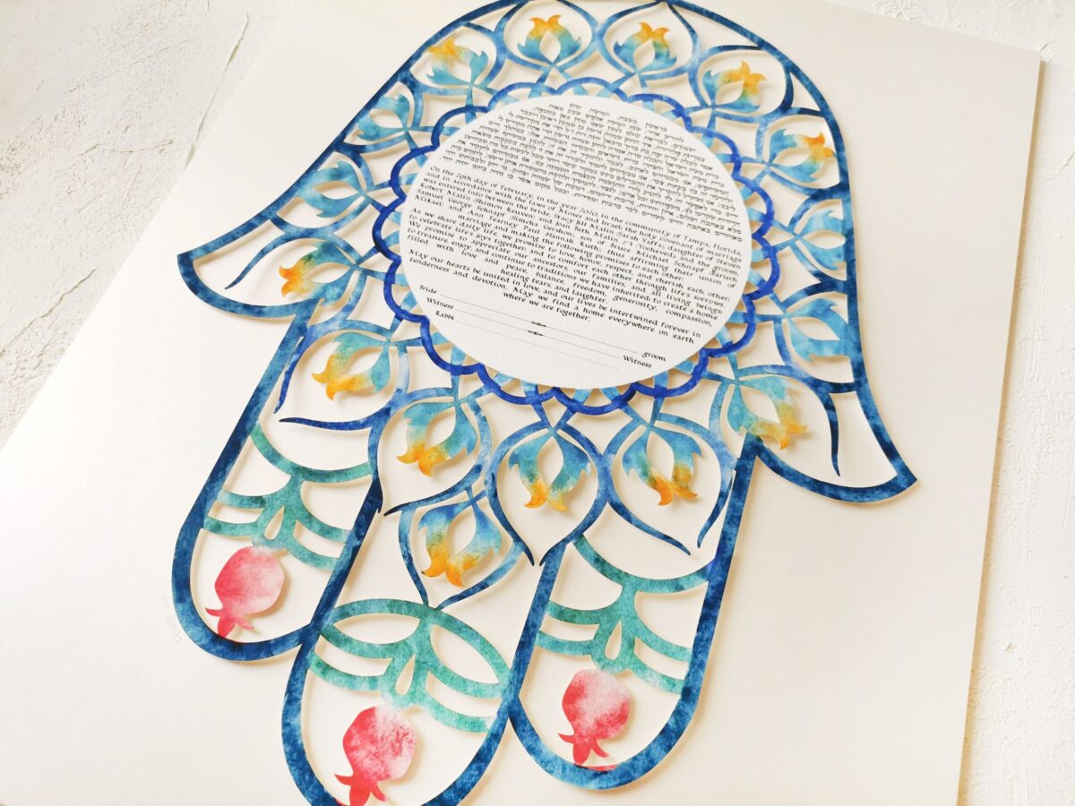 beautiful Chamsa Ketubah hand painted detail