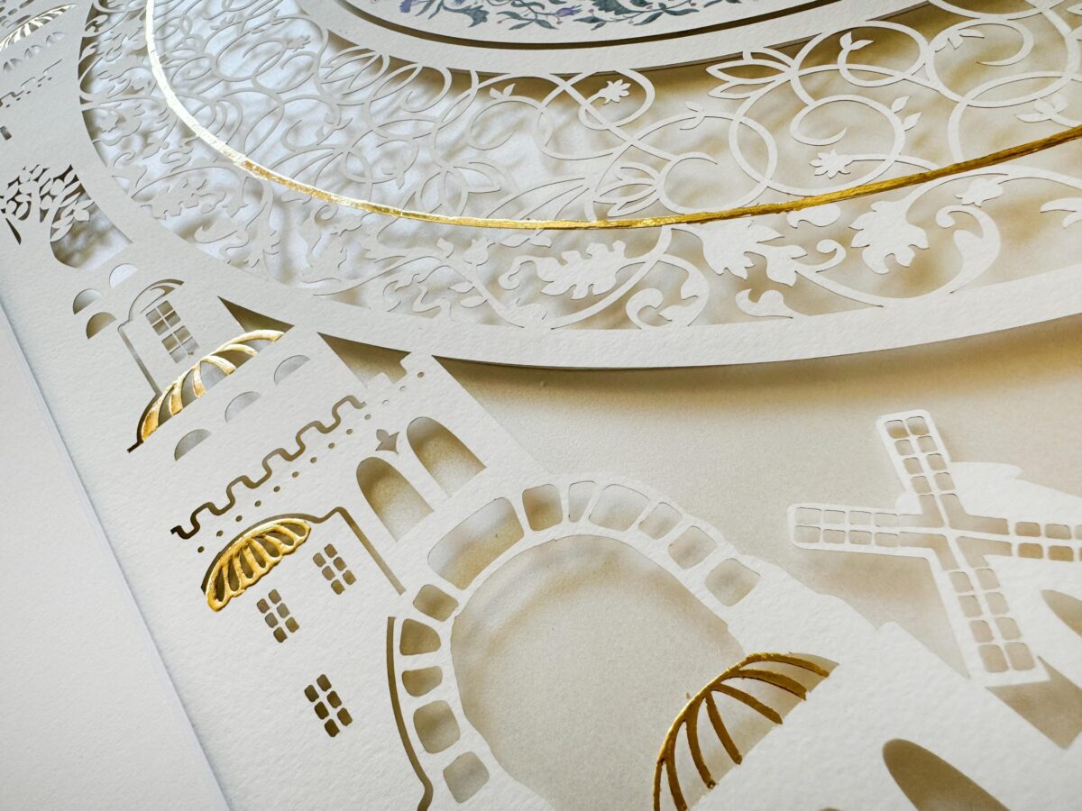 Golden Glory Jerusalem Ketubah papercut with Jerusalem skyline and gold accents