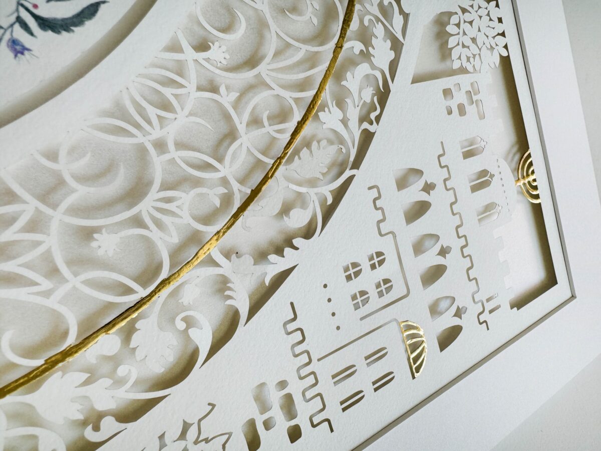 Golden Glory Jerusalem Ketubah papercut with Jerusalem skyline and gold accents