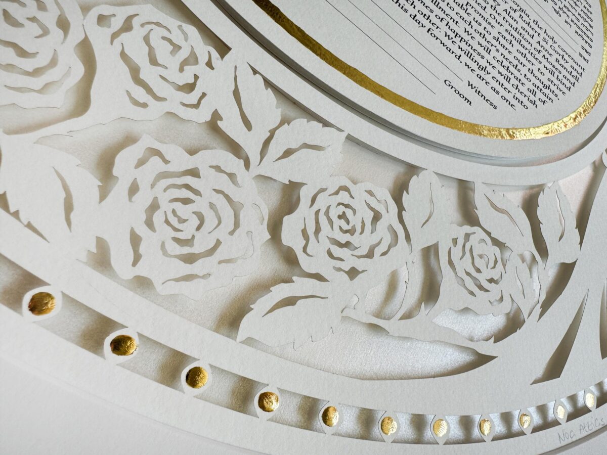 Golden Eden Ketubah papercut with tree design and hand-painted gold details