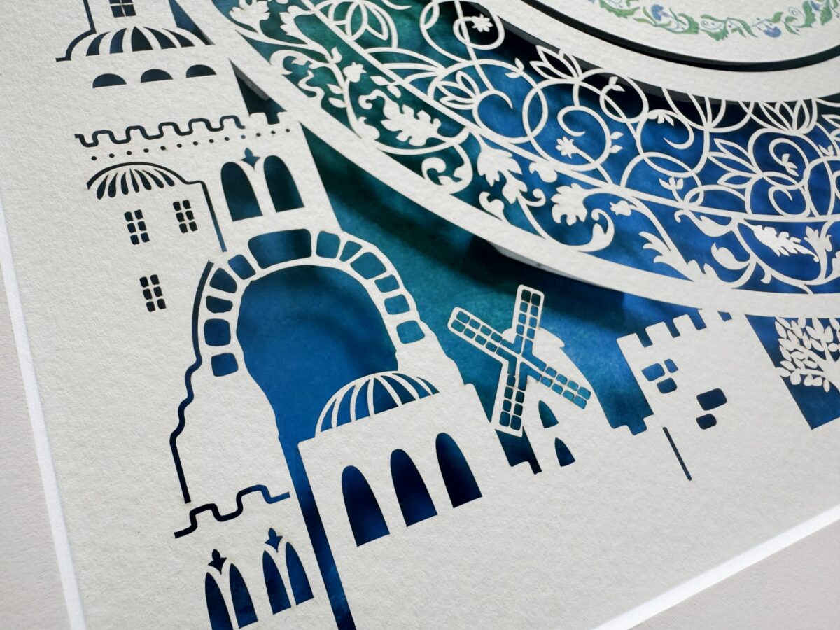 Home blessing Jerusalem themed art blue watercolor detail