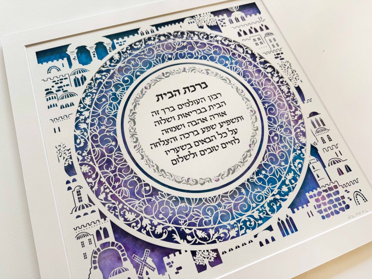 Home blessing Jerusalem themed art blue watercolor detail