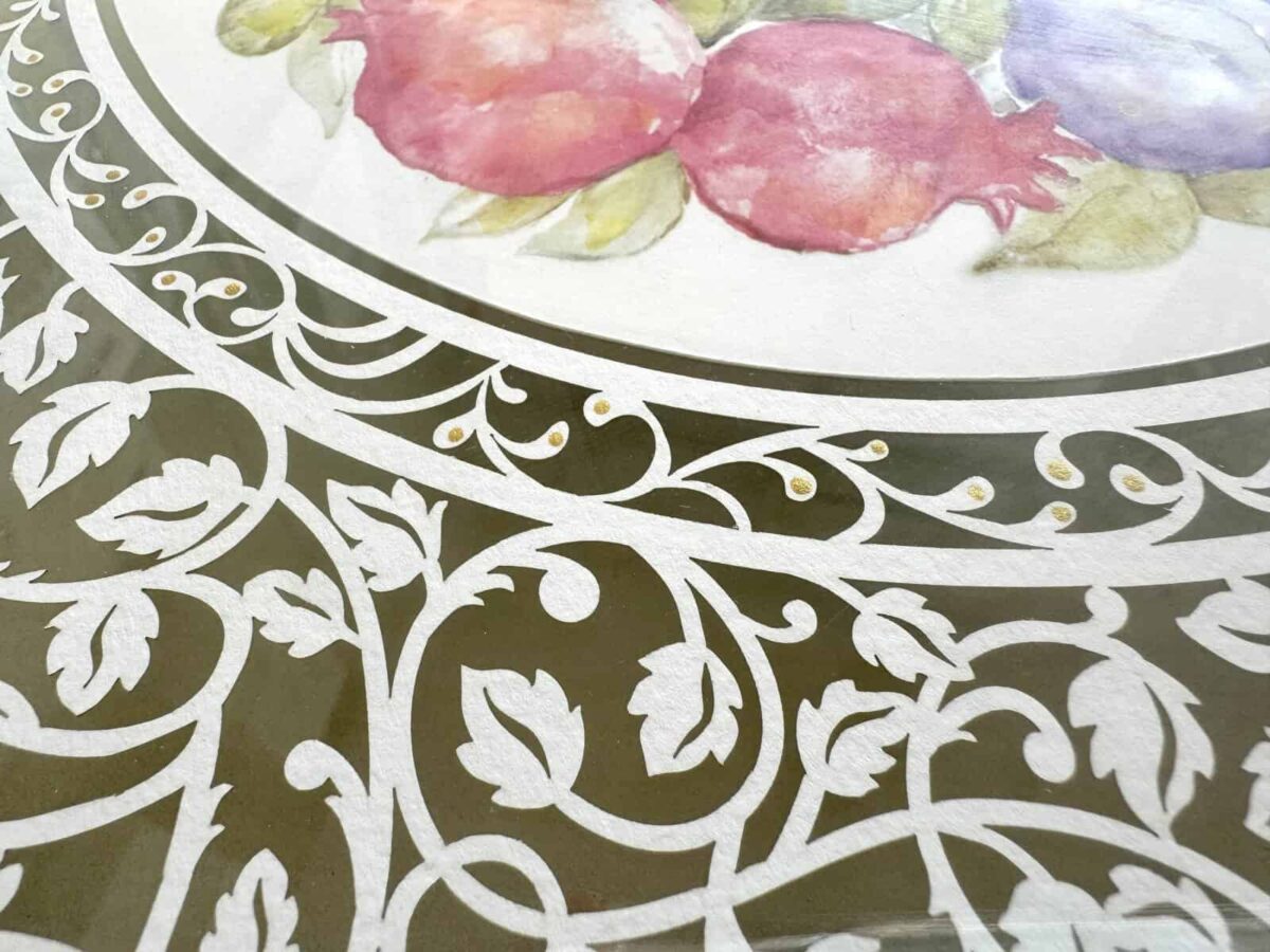 Israel Seven Species Challah Board papercut design with watercolor fruits and botanical border