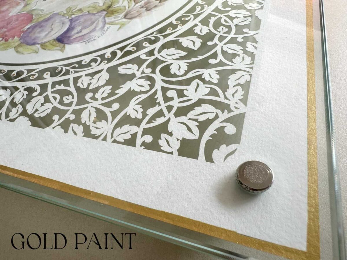 Israel Seven Species Challah Board papercut design with watercolor fruits and botanical border
