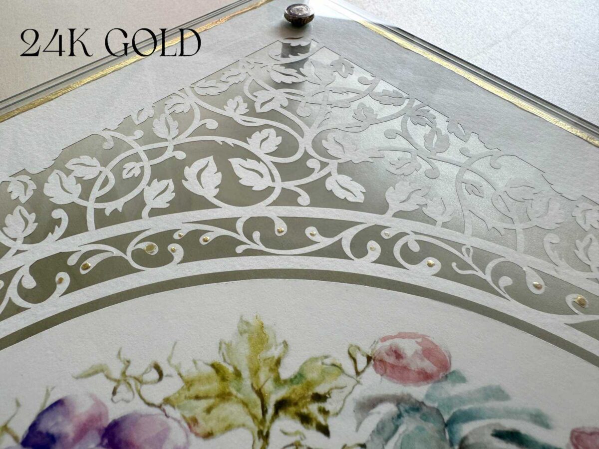Israel Seven Species Challah Board papercut design with watercolor fruits and botanical border