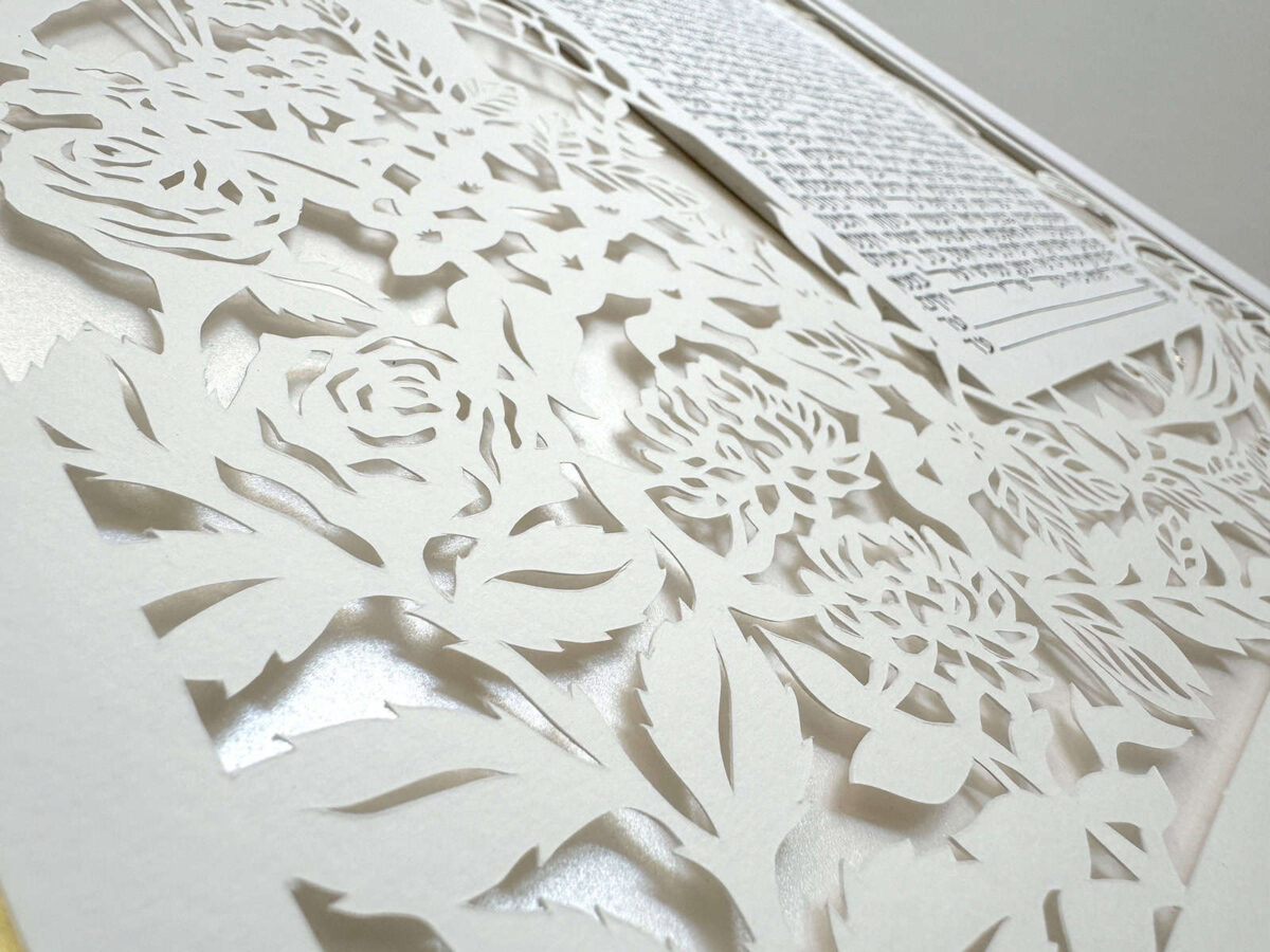 Park Love Nature Ketubah multilayer papercut design with tree, bridge, and flowing water motifs