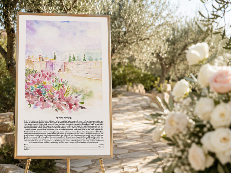 Jerusalem watercolor ketubah displayed at an outdoor Jewish wedding