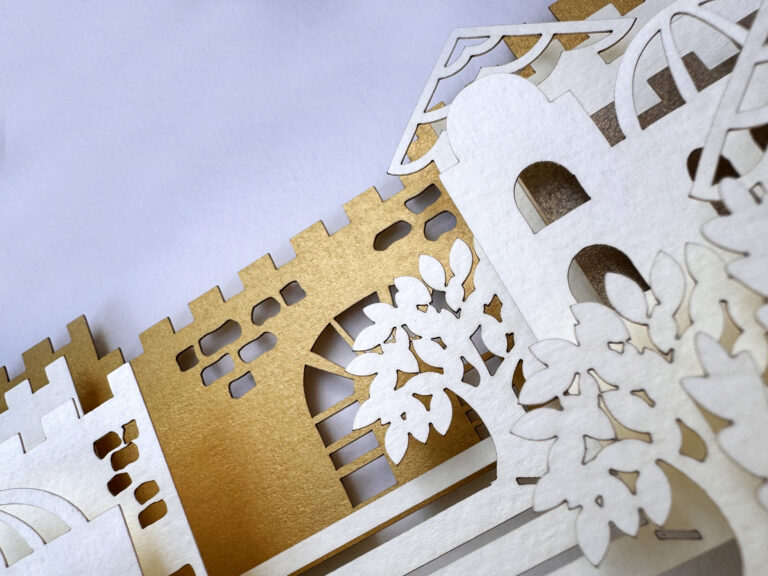 Jerusalem skyline ketubah with 7 layered Old City walls papercut design