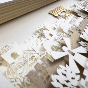 Jerusalem wedding ketubah papercut with gold Beit HaMikdash and layered skyline by Noa Attias