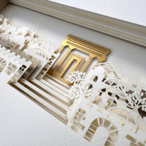Jerusalem wedding ketubah papercut with gold Beit HaMikdash and layered skyline by Noa Attias