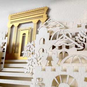 Jerusalem wedding ketubah papercut with gold Beit HaMikdash and layered skyline by Noa Attias