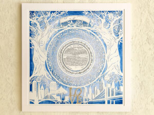 New York skyline ketubah papercut with Massachusetts elements, gold leaf LOVE sculpture and personalized details by Noa Attias
