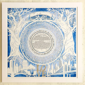 New York skyline ketubah papercut with Massachusetts elements, gold leaf LOVE sculpture and personalized details by Noa Attias