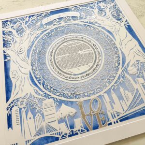 New York skyline ketubah papercut with Massachusetts elements, gold leaf LOVE sculpture and personalized details by Noa Attias