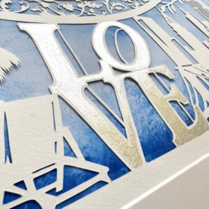 New York skyline ketubah papercut with Massachusetts elements, gold leaf LOVE sculpture and personalized details by Noa Attias