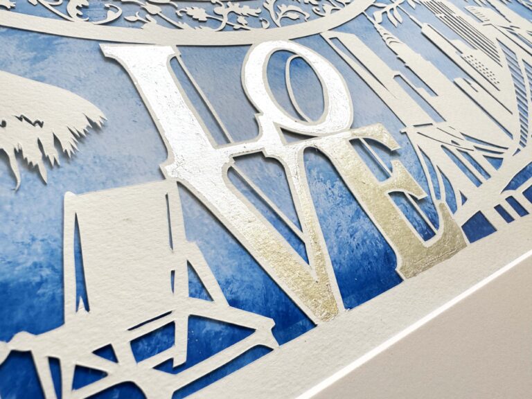 New York skyline ketubah papercut with Massachusetts elements, gold leaf LOVE sculpture and personalized details by Noa Attias