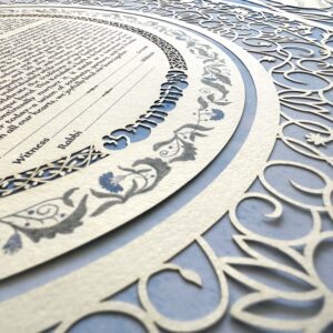 New York skyline ketubah papercut with Massachusetts elements, gold leaf LOVE sculpture and personalized details by Noa Attias